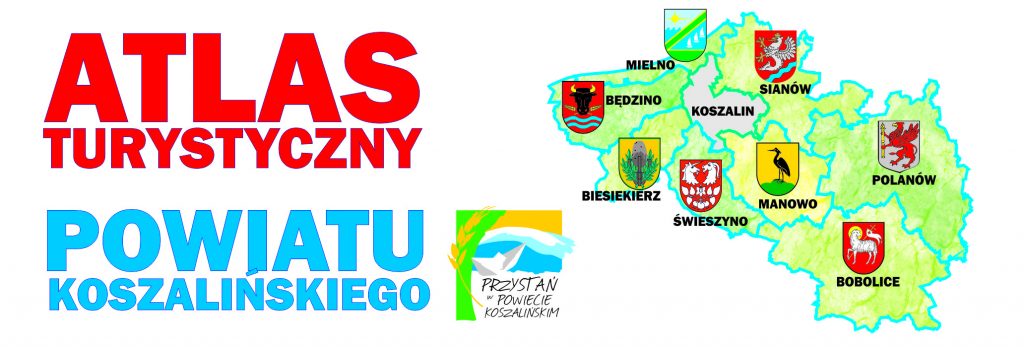 Baner promocyjny atlas turystyczny powiatu koszalińskiego z obszarem administracyjnym powiatu, herbami i logo przystań w powiecie koszalińskim