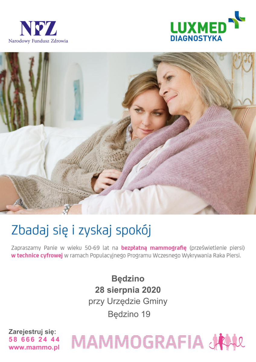 Wznowienie bezpłatnych badań mammograficznych przez LUX MED – Powiat Koszaliński – Będzino plakat informacyjny