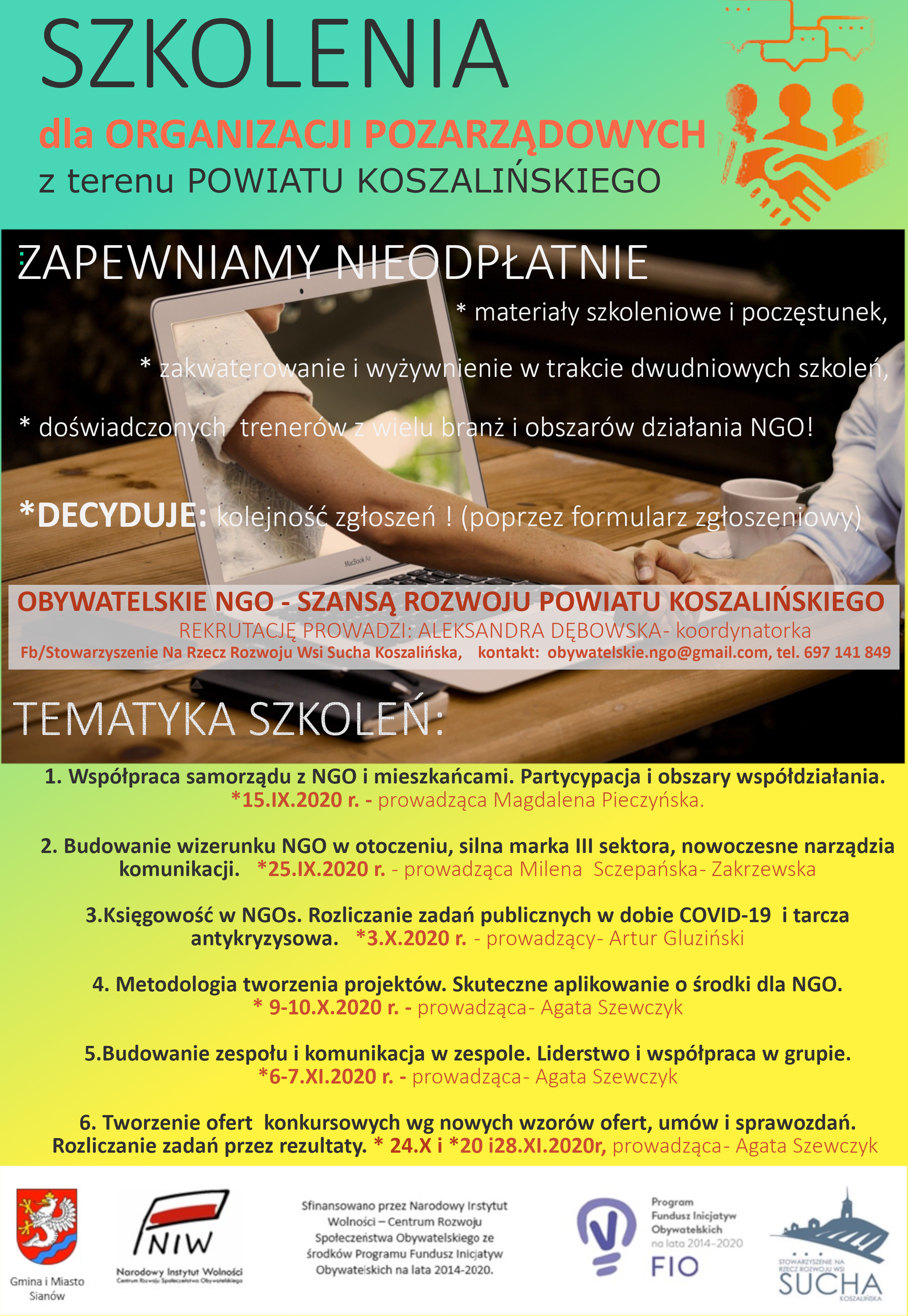 plakat informacyjny szkolenia dla organizacji pozarządowych z terenu powiatu koszalińskiego