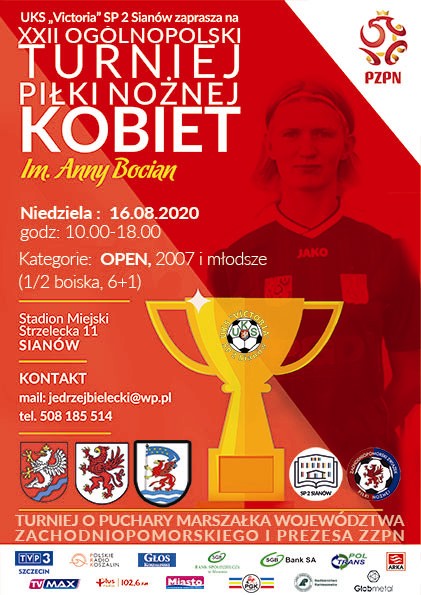 XXII Ogólnopolski Turniej Piłki Nożnej Kobiet im. Anny Bocian 16 sierpień w Sianowie plakat informacyjny