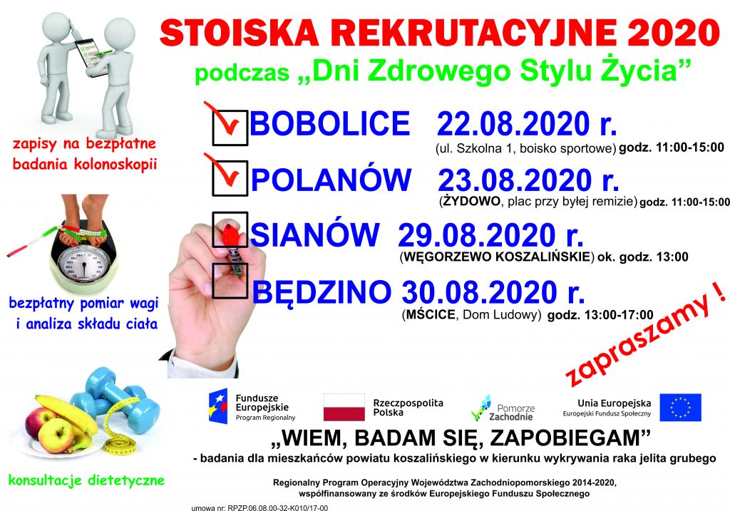 Plakat informujący o planowanych miejscach i terminach realizacji stoisk rekrutacyjnych powiatu koszalińskiego