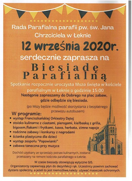 plakat informacyjny zaproszenie na Biesiadę Parafialną w Łeknie 12 września rozpoczęcie ogodz.15