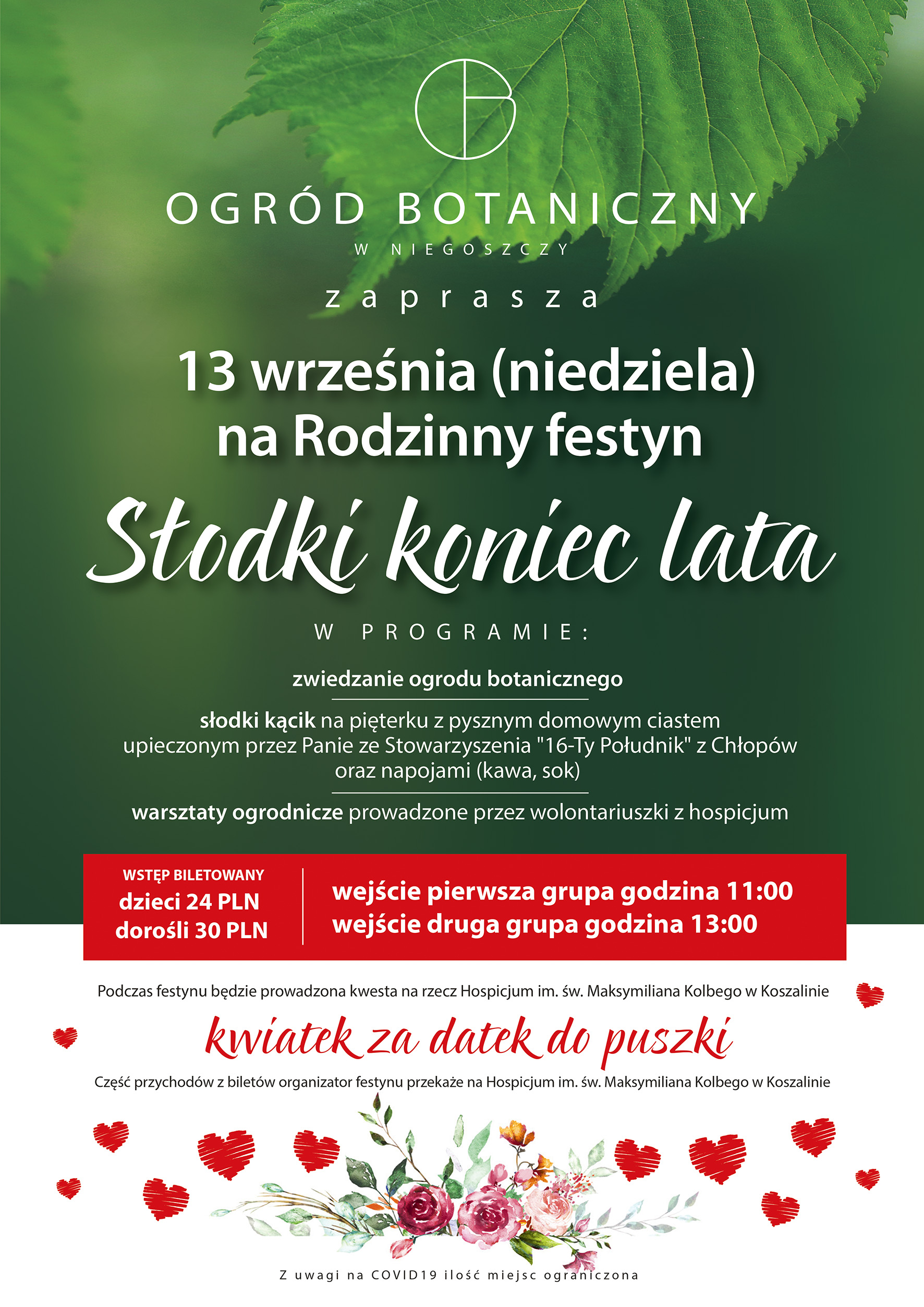 plakat informacyjny Zapraszający na Festyn rodzinny Słodki koniec lata w Ogrodzie Botanicznym w Niegoszcy 13 września od godz 11:00