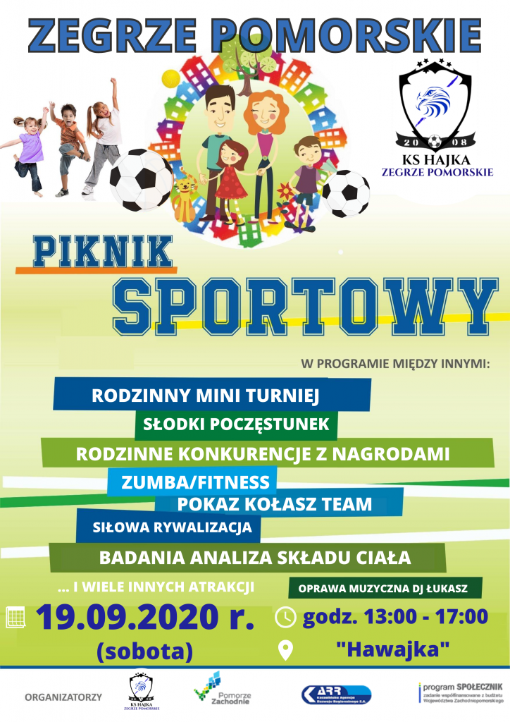 plakat informacyjny zapraszający na piknik sportowy w Zegrzu Pomorskim 19 września o godz.13:00-17:00