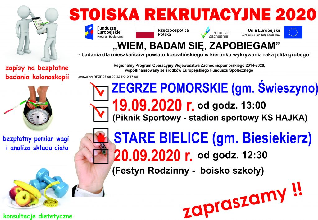 plakat informujący o stoiskach rekrutacyjnych projektu w dniach 19 wrzesnia w miejscowości Zegrze Pomorskie oraz w miejscowości Stare Bielice w dniu 20 września