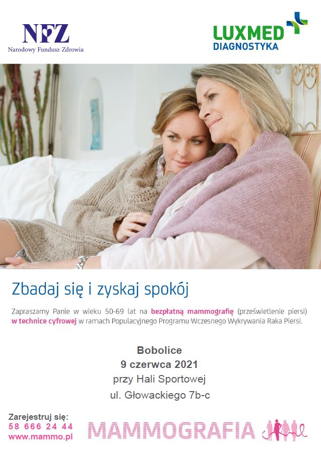plakat z informacją o bezpłatnej mammografii w Bobolicach 9.06.2021
