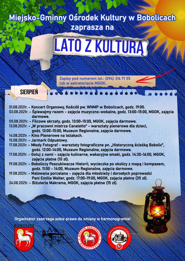 plakat informacyjny pn. Lato z Kulturą w Bobolicach, wydarzenia sierpień 2021