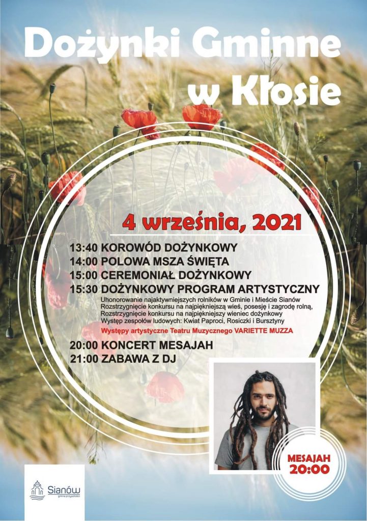 Plakat z informacją o dożynkach gminnych w miejscowości Kłos, gm. Sianów w dniu 4.09.2021