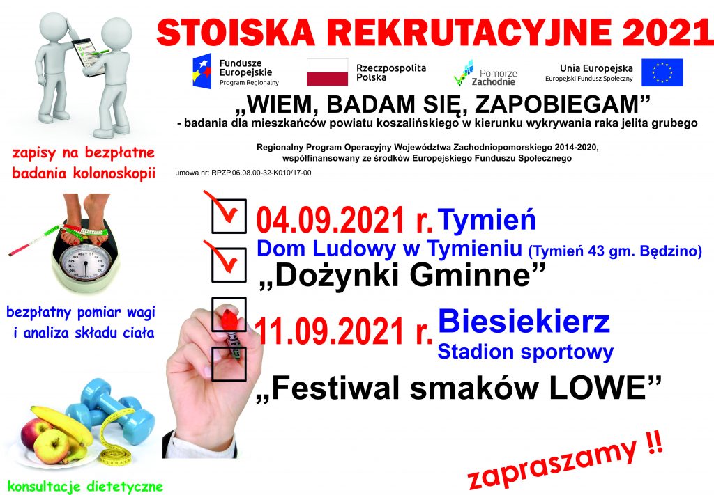 Plakat zapraszającey do stoisk rekrutacyjnych projektu Wiem, badam się, zapobiegam organizowanych w dniach 4.09. w Tymieniu i 11.09.2021 w Biesiekierzu