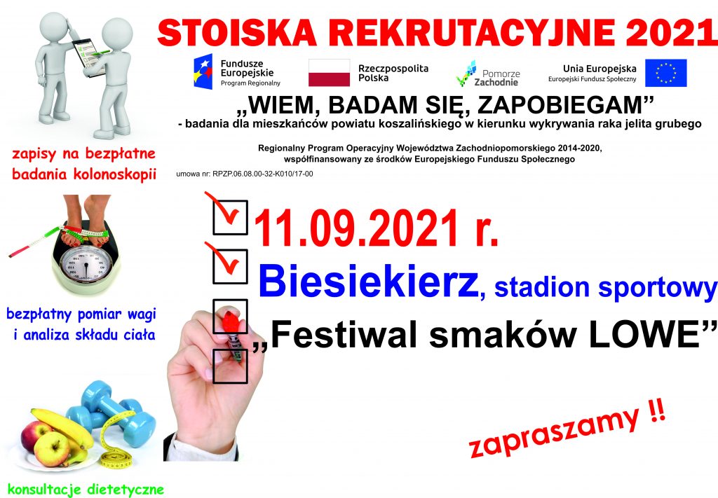 plakat zapraszający do stoiska rekrutacyjnego projektu Wiem, badam się, zapobiegam w dniu 11.09.2021 w Biesiekierzu, stadion sportowy