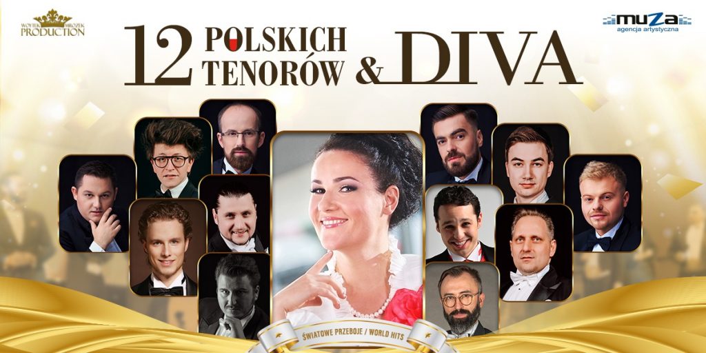 plakat zapraszający na wydarzenie w filharmonii koszalińskiej 12 polskich tenowrów i diva w dniu 15.11.2021
