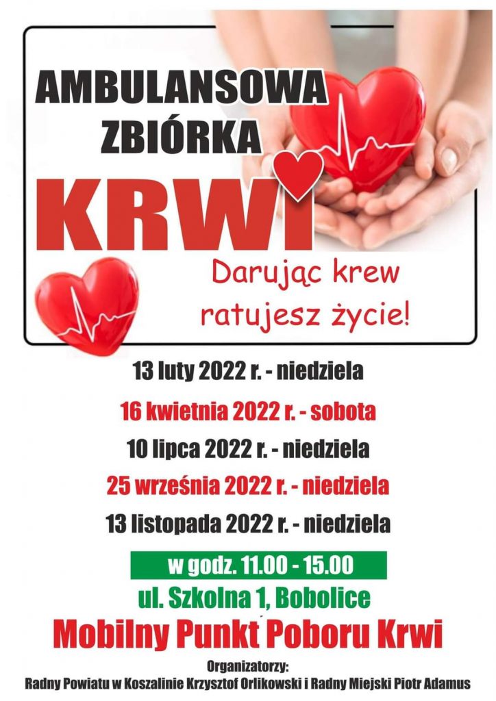 Plakat informujący o ambulansowej zbiórce krwi w Bobolicach