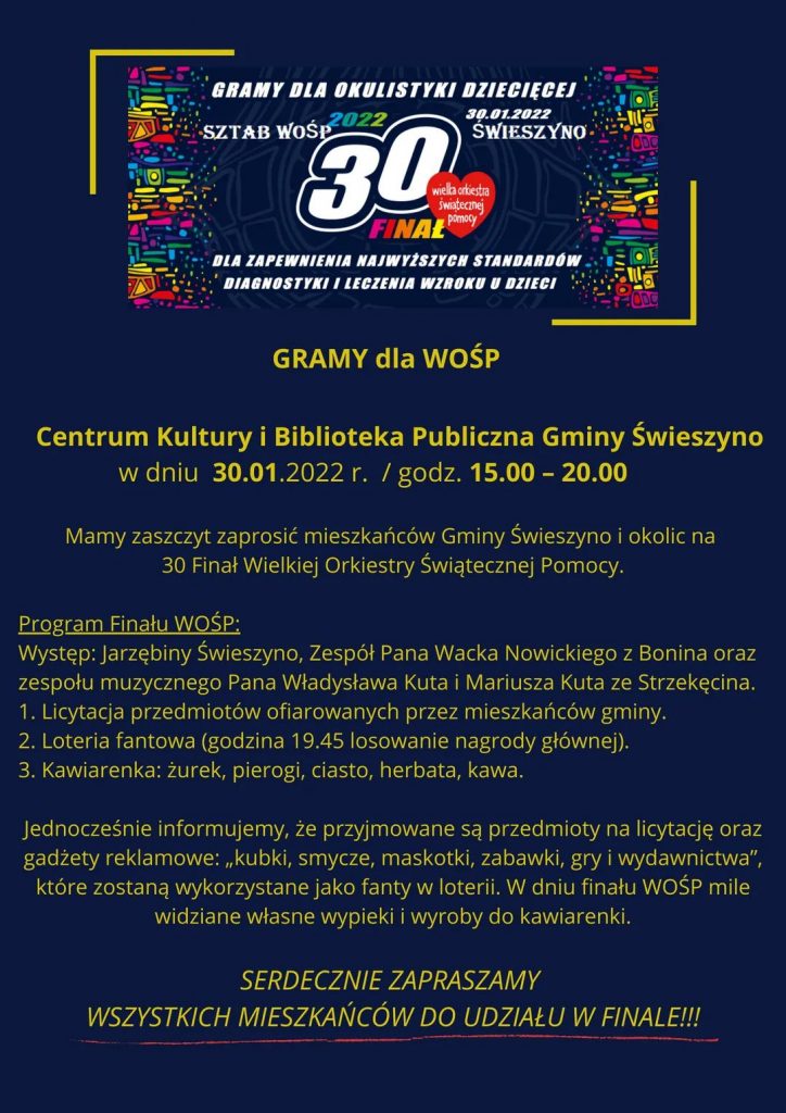 Plakat zapraszający do udziału w WOŚP na terenie gminy Świeszyno