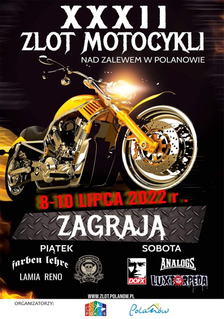 Plakat zapraszający na 32 zlot motocykli nad zalewem w Polanowie w dniach od 8 do 10 lipca 2022 r.