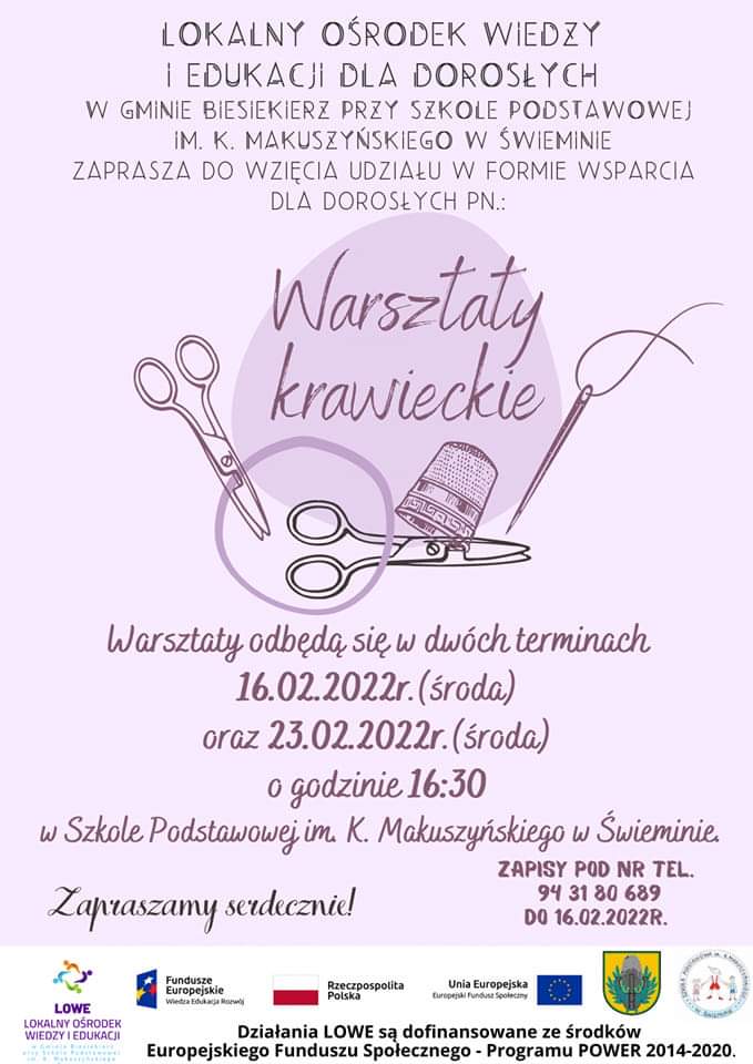 Plakat zapraszający na warsztaty krawieckie odbywające sie w Świeminie gmina Biesiekierz