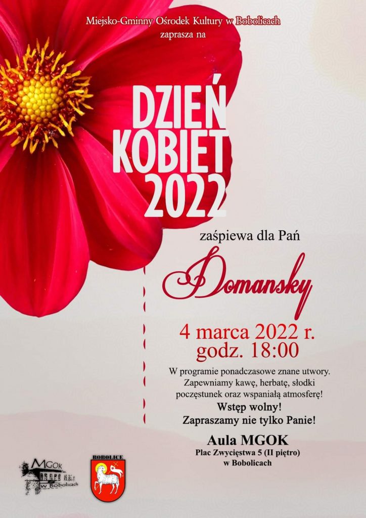 plakat Miejsko Gminny Ośrodek Kultury w Bobolicach zaprasza na dzień kobiet w dniu 4 marca 2022 od godz. 18