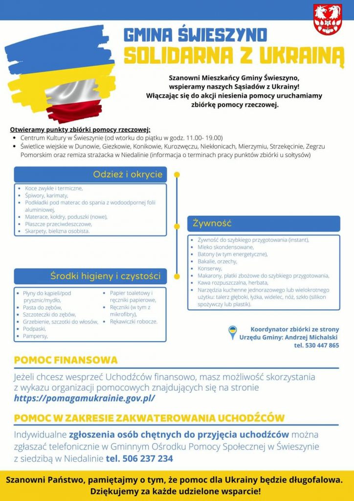 Gmina Świeszyno solidarna z Ukrainą plakat z informacją o zbiórce pomocy rzeczowej