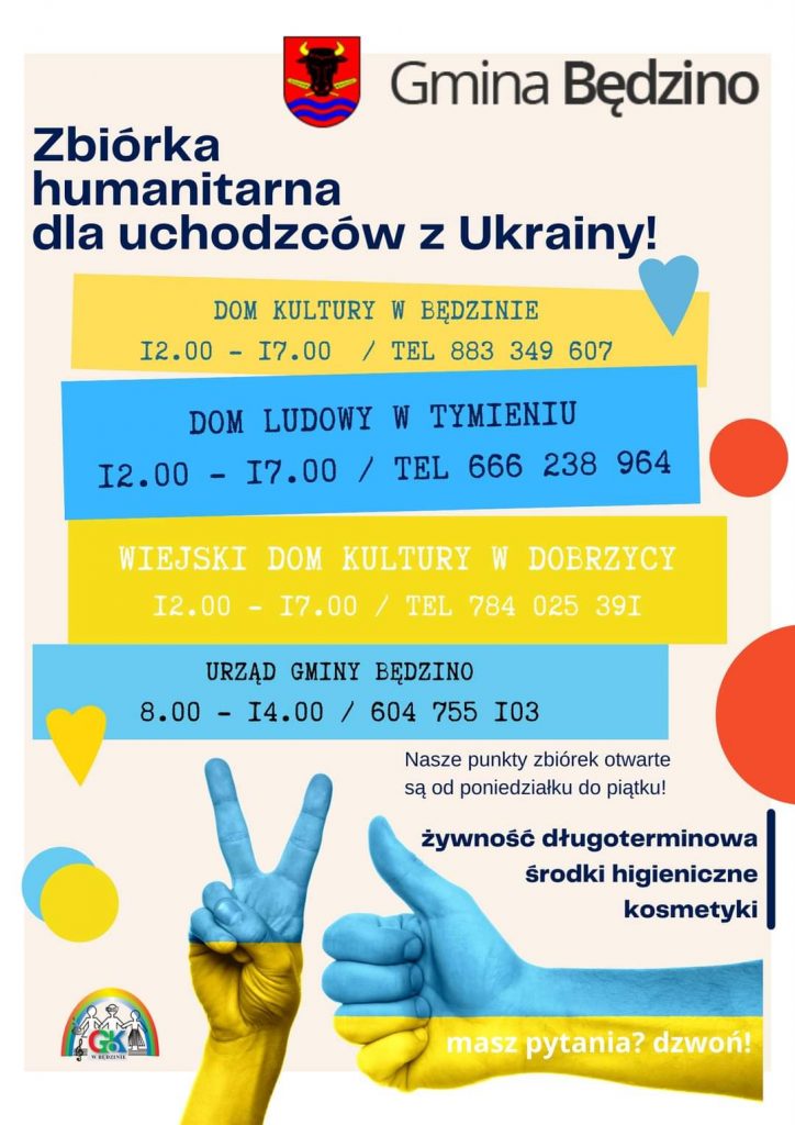 Plakat Gmina Będzino zbiórka humanitarna dla uchodźców z Ukrainy