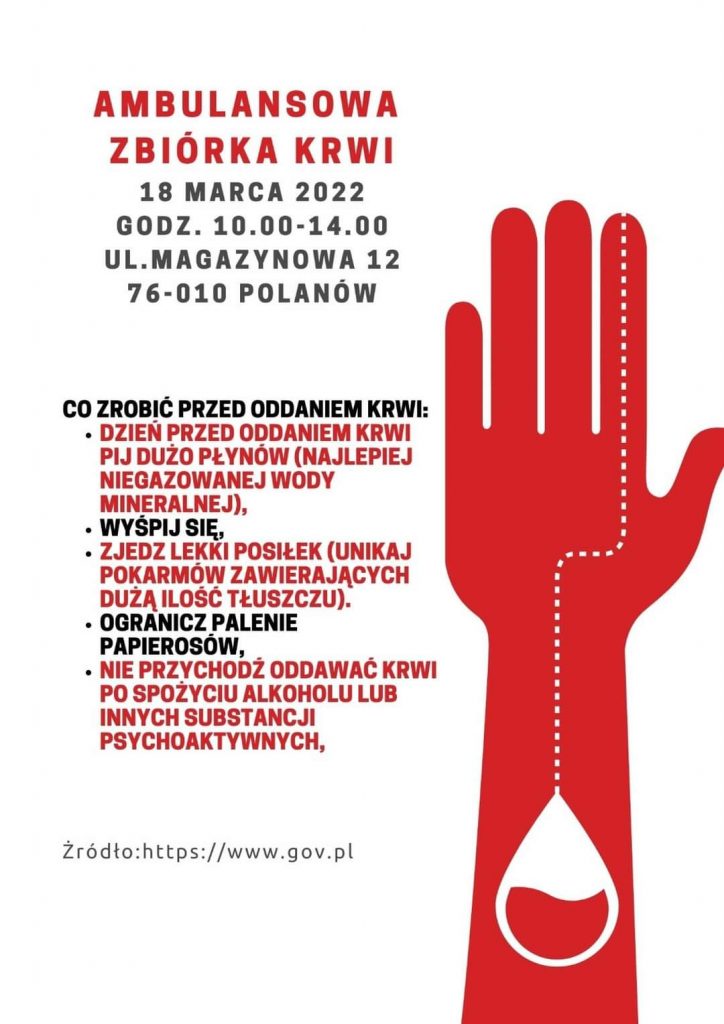 Plakat ambulansowa zbiórka krwi w Polanowie_co zrobic dzień przed oddaniem krwi_ 18 marca 2022 od godziny 10