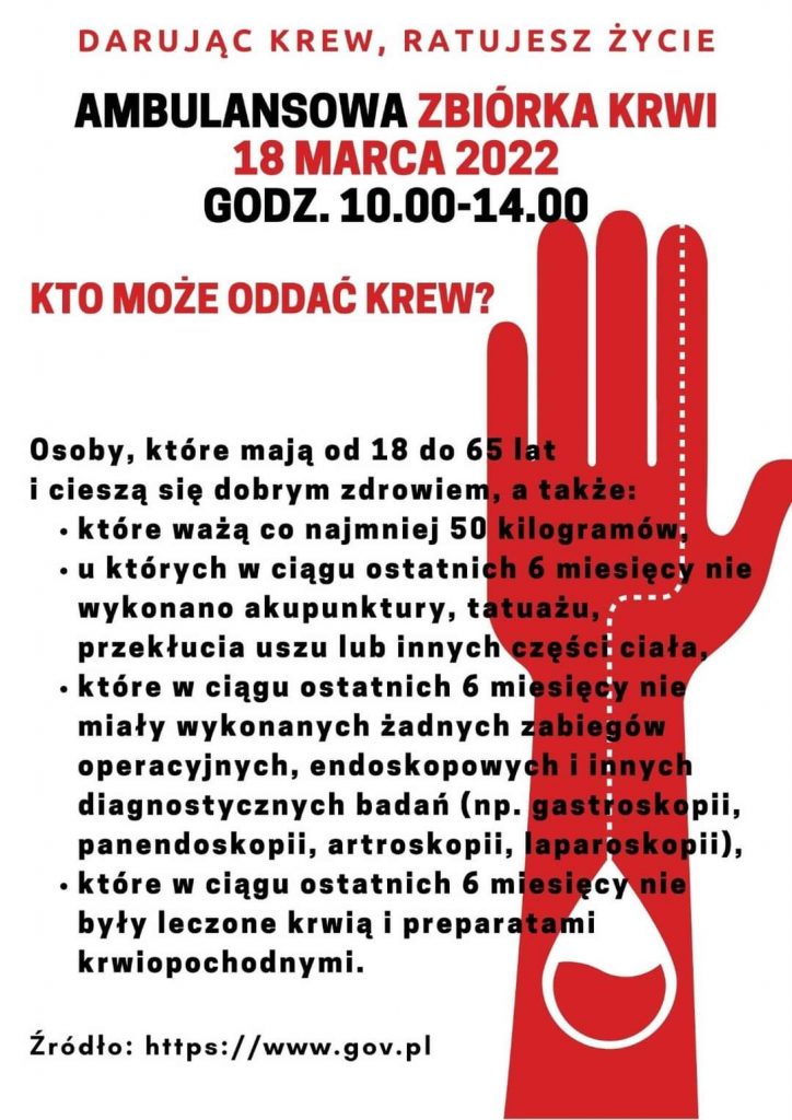 Plakat ambulansowa zbiórka krwi w Polanowie_kto może oddać krew_ 18 marca 2022 od godziny 10