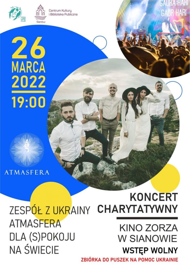 Plakat informujący o charytatywnym koncercie w Kinie Zorza w Sianowie 26 marca 2022 o godzinie 19 wstęp wolny