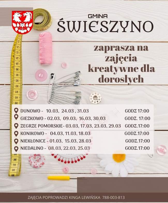 Plakat z informacją Gmina Świeszyno zaprasza na zajęcia kreatywne dla dorosłych w róznych miejscowościach