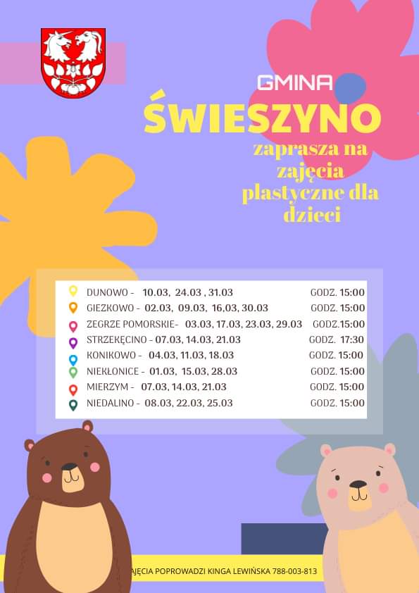 Plakat zapraszający na zajęcia plastyczne dla dzieci w róznych miejscowościach gminy Świeszyno
