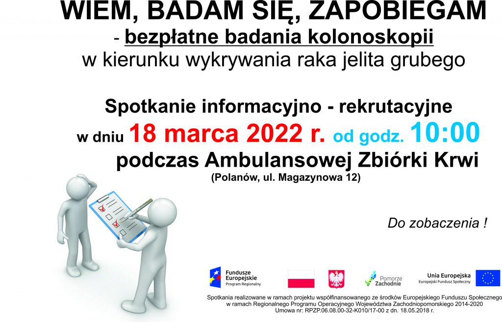 plakat zapraszający na spotkanie informacyjne projektu Wiem, badam się, zapobiegam w Polanowie w dniu 18 marca 2022 od godz. 10