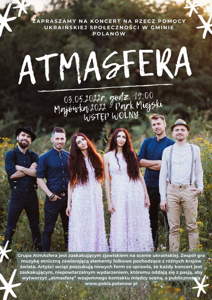 Plakat zapraszający na koncert zespołu Atmasfera w dniu 3 maja 2022 godzina 19 w Parku Miejskim w Polanowie