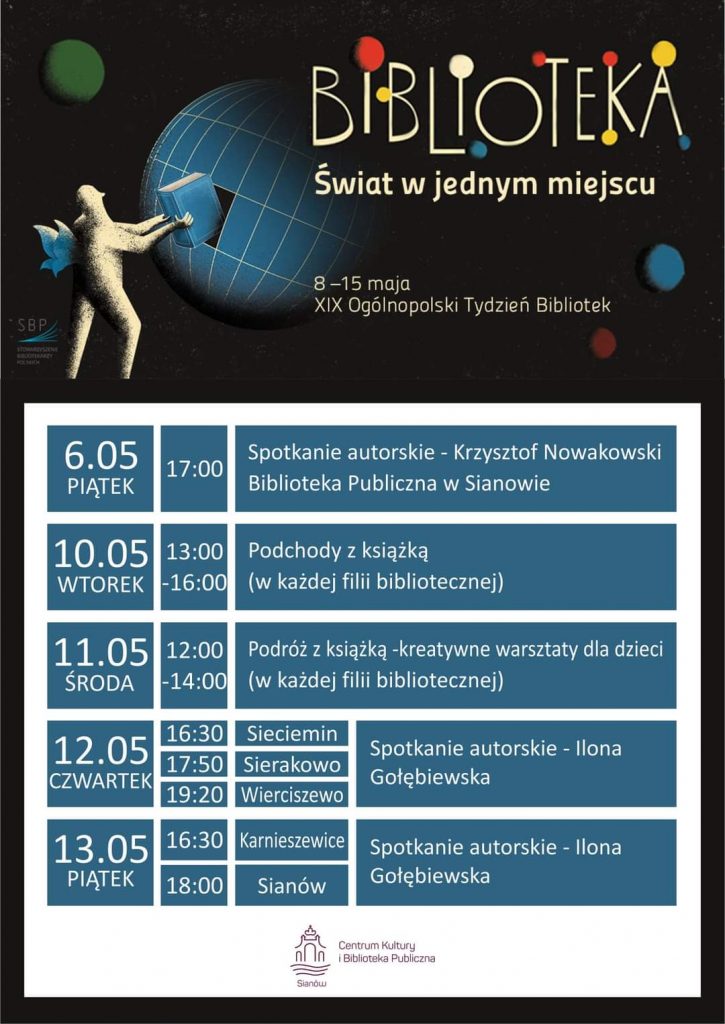 Plakat Biblioteka świat w jednym miejscu w dniach 8 do 15 maja 19 Ogólnopolski Tydzień Bibliotek