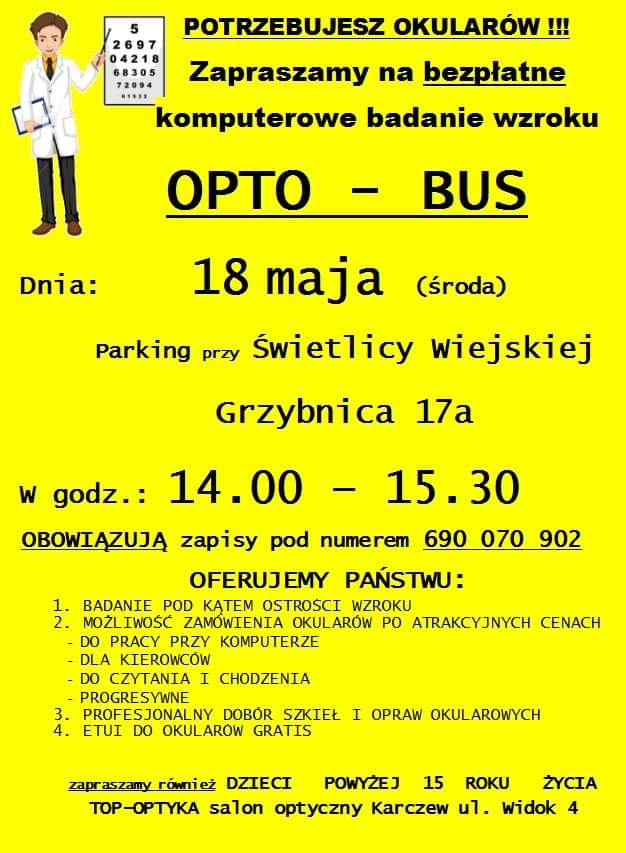 Plakat bezpłatne badanie wzroku 18 maja 2022 w Grzybnicy od godziny 14