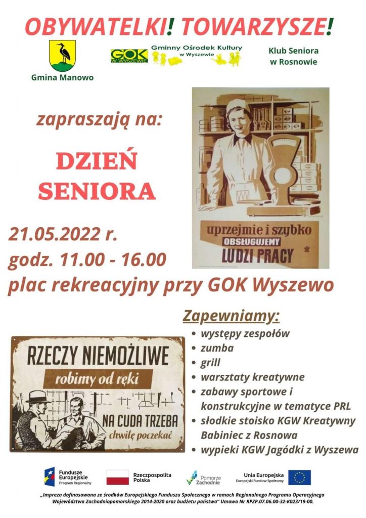 Plakat dzień seniora 21 maja 2022 od godziny 11 do 16 plac rekreacyjny przy GOK Wyszewo