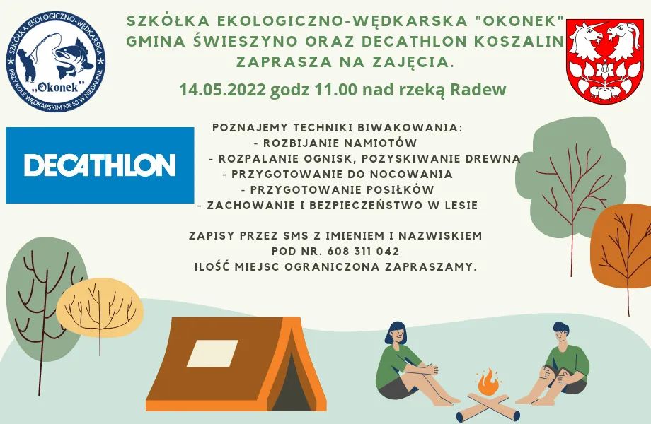 Plakat z zaproszeniem na zajęcia z techniki biwakowania w dniu 14 maja 2022 nad rzeką Radew