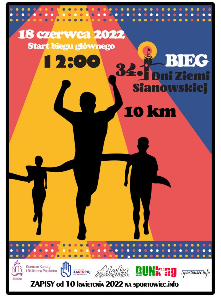 Plakat zapraszający na bieg z okazji 34.Dni Ziemi Sianowskiej w dniu 18 czerwca 2022 o godz. 12