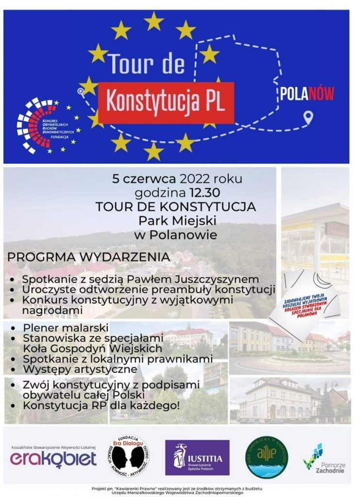 Plakat zapraszający na wydarzenie Tour de Konstytucja PL w dniu 5 czerwca 2022 w Parku Miejskim w Polanowie