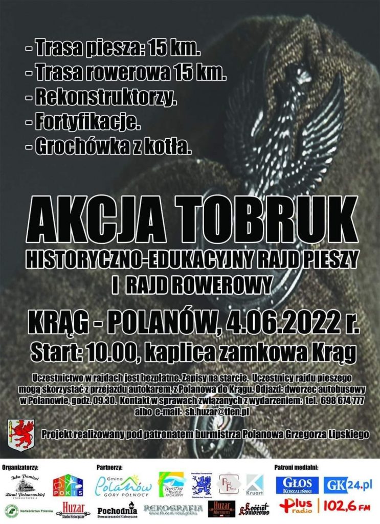 Plakat zapraszjący na historyczno edukacyjny rajd pieszy i rowerowy w Polanowie 4 czerwca 2022 Krąg