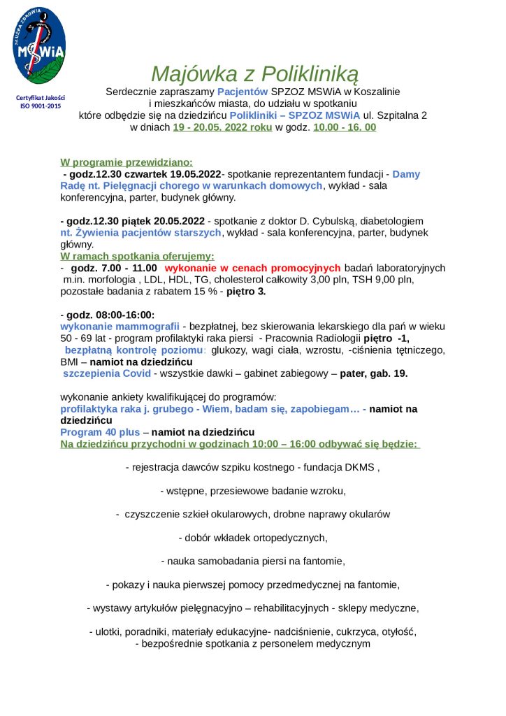plakat informacyjny Majówka z Polikliniką w dniach 19 i 20 maja 2022 w godzinach 10 do 16