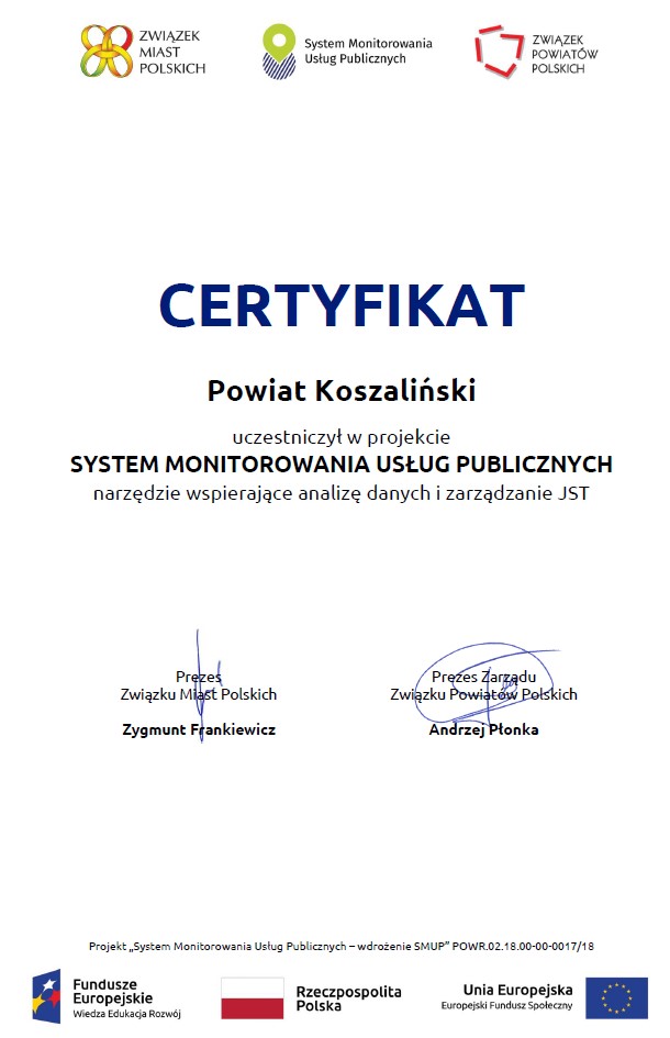 Certyfikat dla powiatu koszalińskiego który uczestniczył w programie System Monitorowania Usług Publicznych