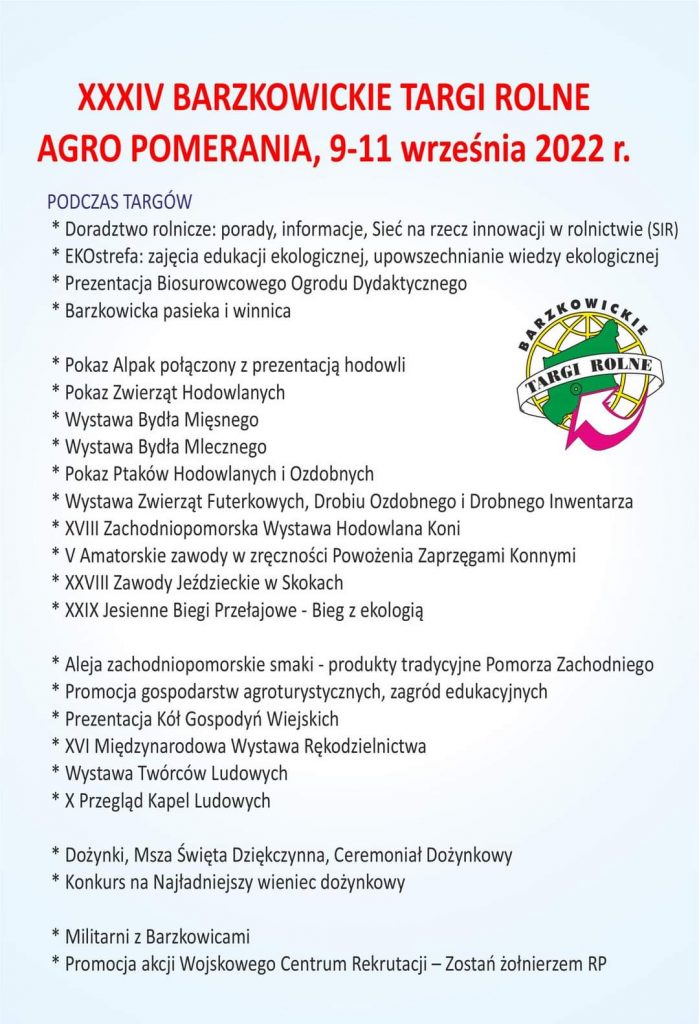 Plaakat 34 Barzkowickie Targi Rolne Agro Pomerania w dniach 9 do 11 września 2022