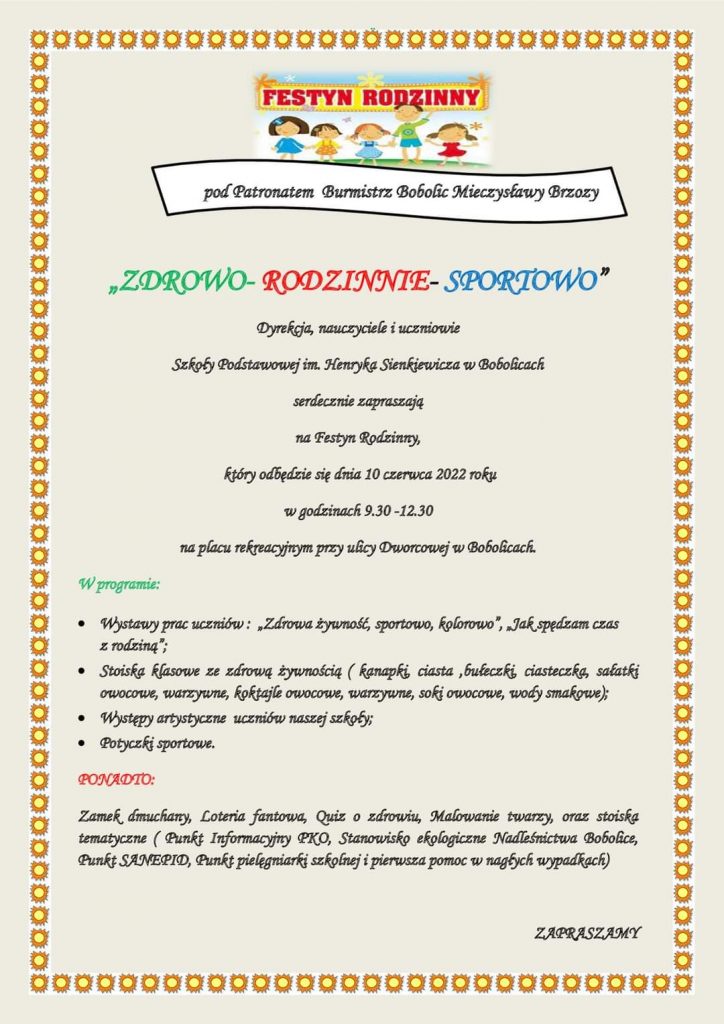 Plakat Festyn rodzinny w Bobolicach w dniu 10 czerwca 2022