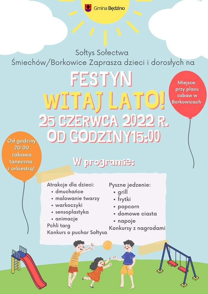Plakat Witaj Lato z zaproszeniem na festyn w Borkowicach 25 czerwca 2022 od godziny 15