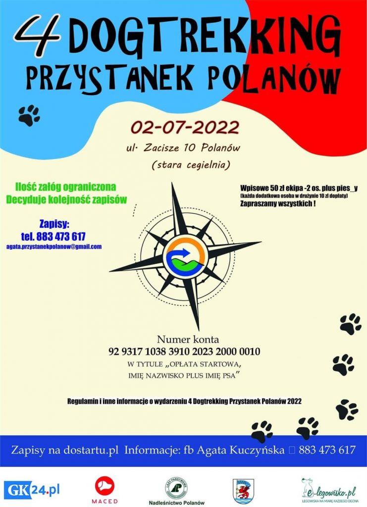 Plakat zapraszający do udziału w czwartym dog treking przystanek Polanów 2 lipca 2022