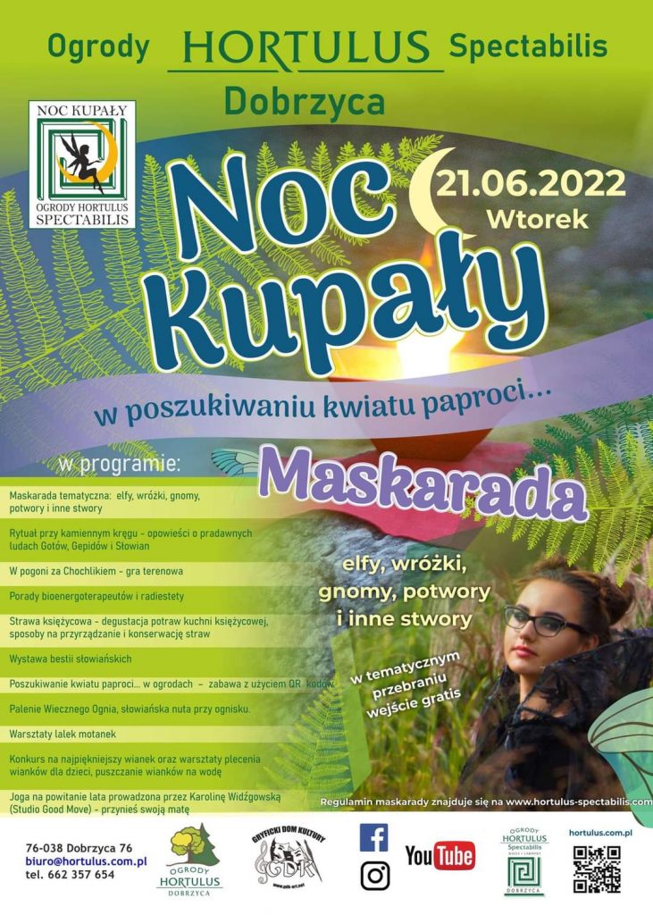 Plakat zapraszający na Noc Kupały w Ogrodach Hortulus Spectabilis 21 czerwca 2022