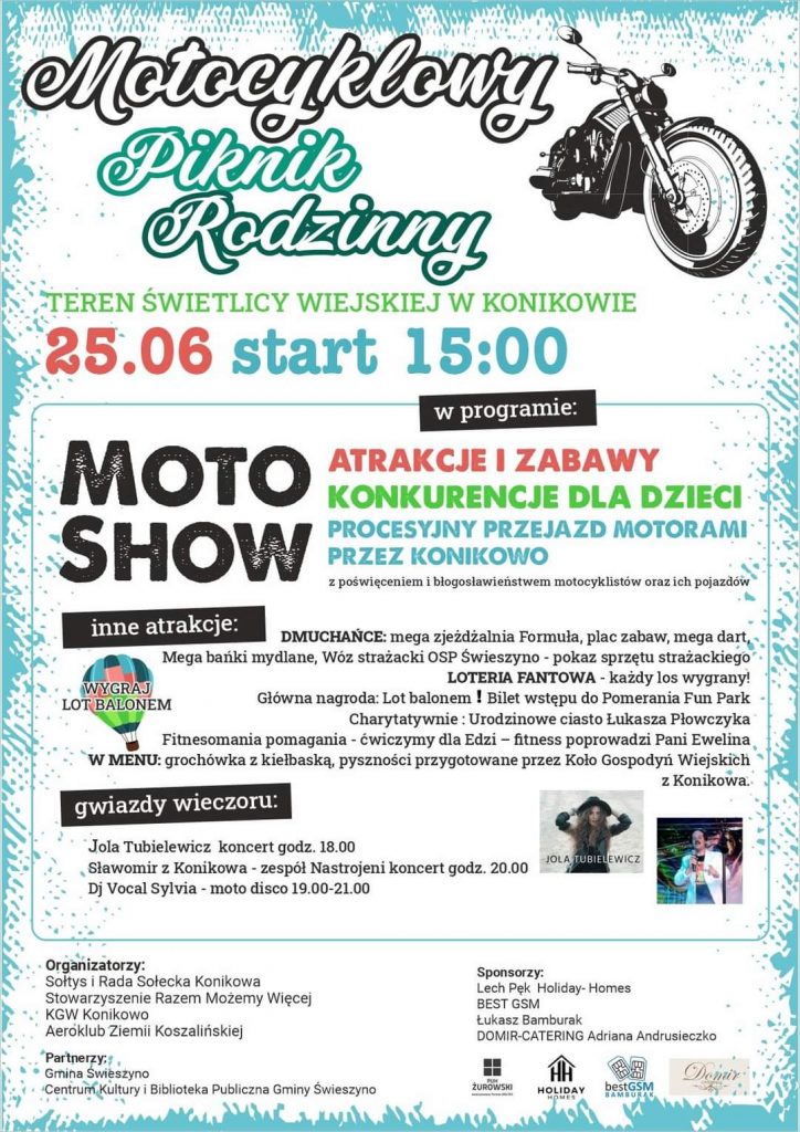 Plakat zapraszajacy na motocyklowy piknik rodzinny w Konikowie 26 czerwca 2022 od godziny 15