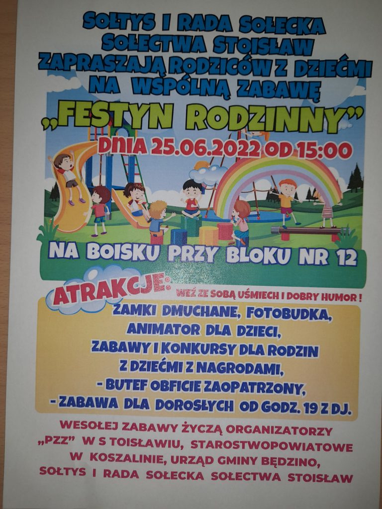 Plakaz zapraszający na Festyn Rodzinny Sołectwa Stoisław 25 czerwca 2022 od godziny 15