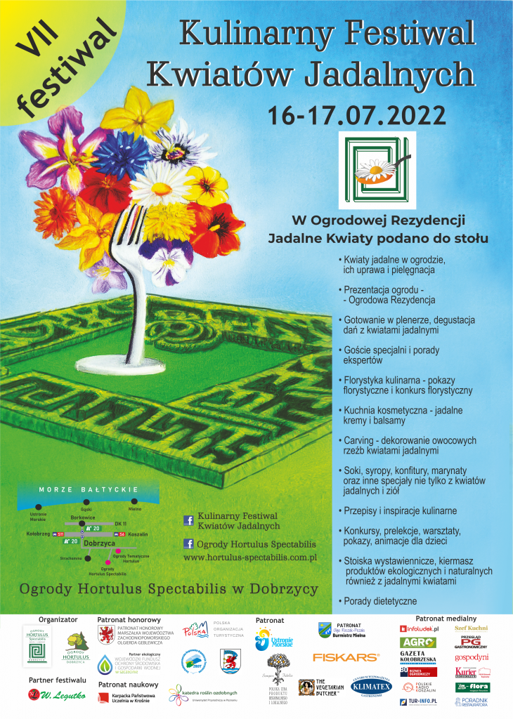plakat 7 Festiwal Kwiatów Jadalnych w Ogrodach Hortulus 16 i 17 lipca 2022