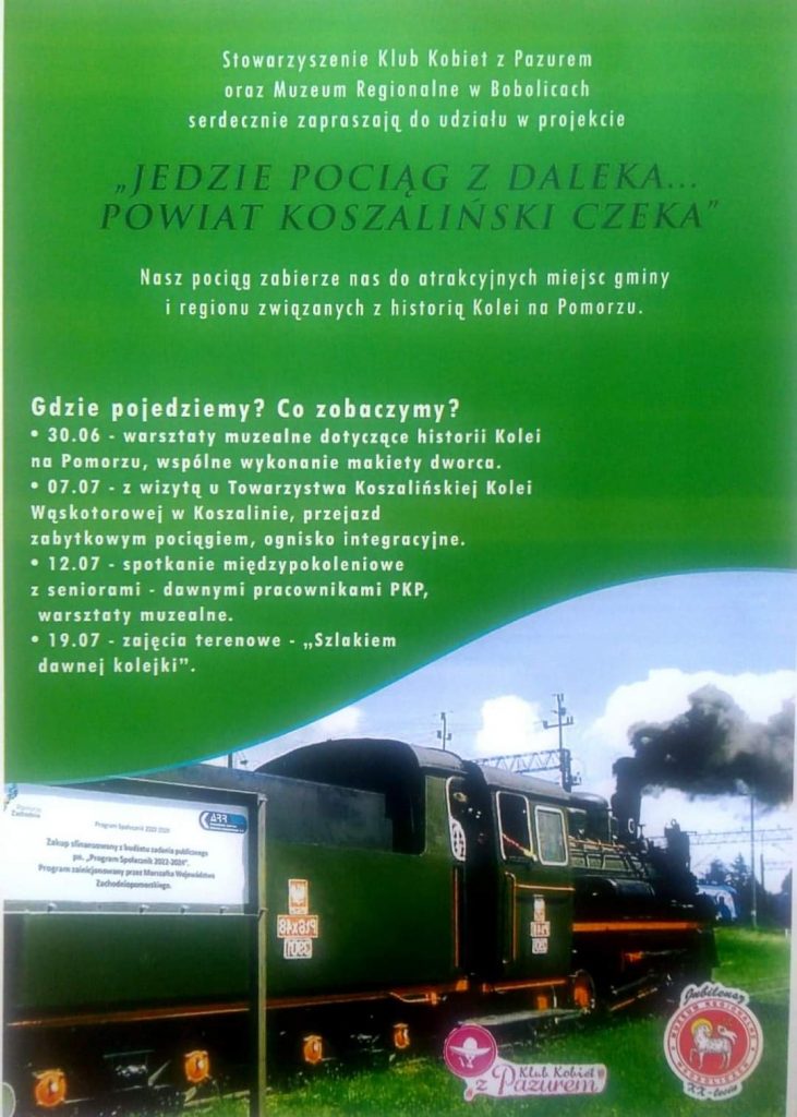 Plakat Jedzie pociąg z daleka powiat koszaliński czeka zapraszający na wycieczki kolejką na Pomorzu