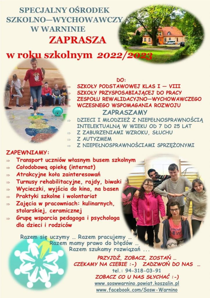 Plakat prezentujący nabór na rok szkolny 2022 2023 do SOSW w Warninie