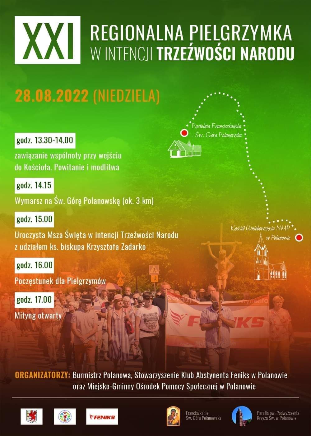 Plakat z zaproszeniem na 21 regionalną pielgrzymkę w intencji trzeźwości narodu 28 sierpnia 2022 w Polanowie