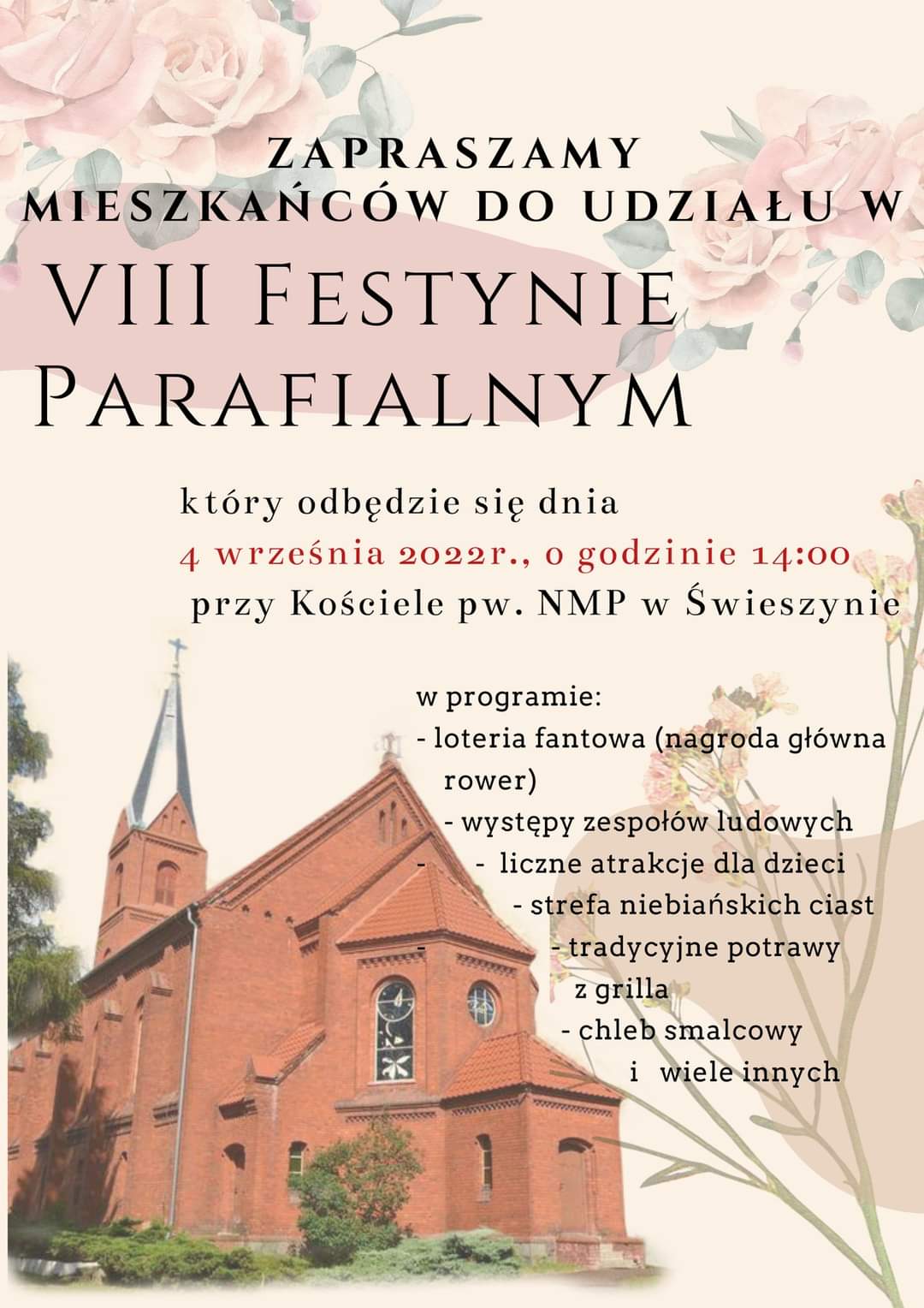 Plakat z zaproszeniem na 8 Festyn Parafialny w Świeszynie w dniu 4 września 2022 od godziny 14
